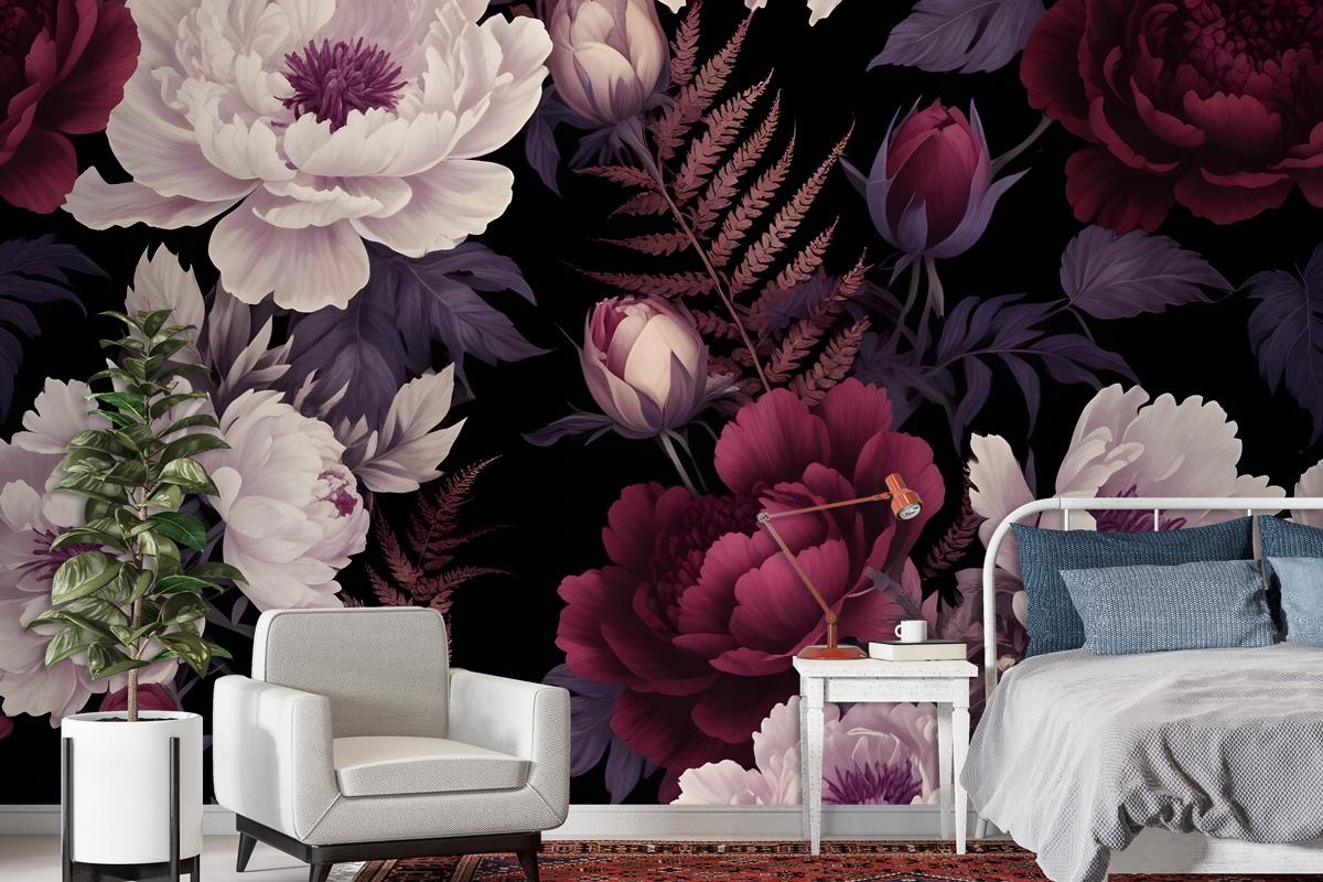 Dark Watercolor Colorful Peony Floral Wallpaper Mural