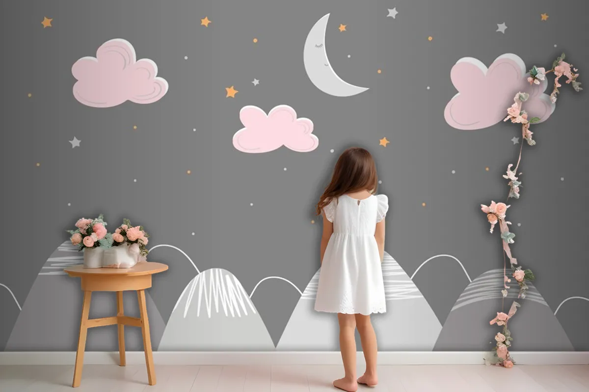 Decor In Scandinavian Style With Mountain Landscape Clouds And Sleeping Moon Wallpaper Mural