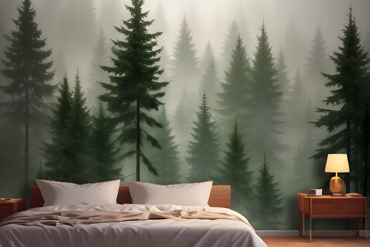 Dense Forest Of Tall Evergreen Trees In A Misty Foggy Environment Wallpaper Mural