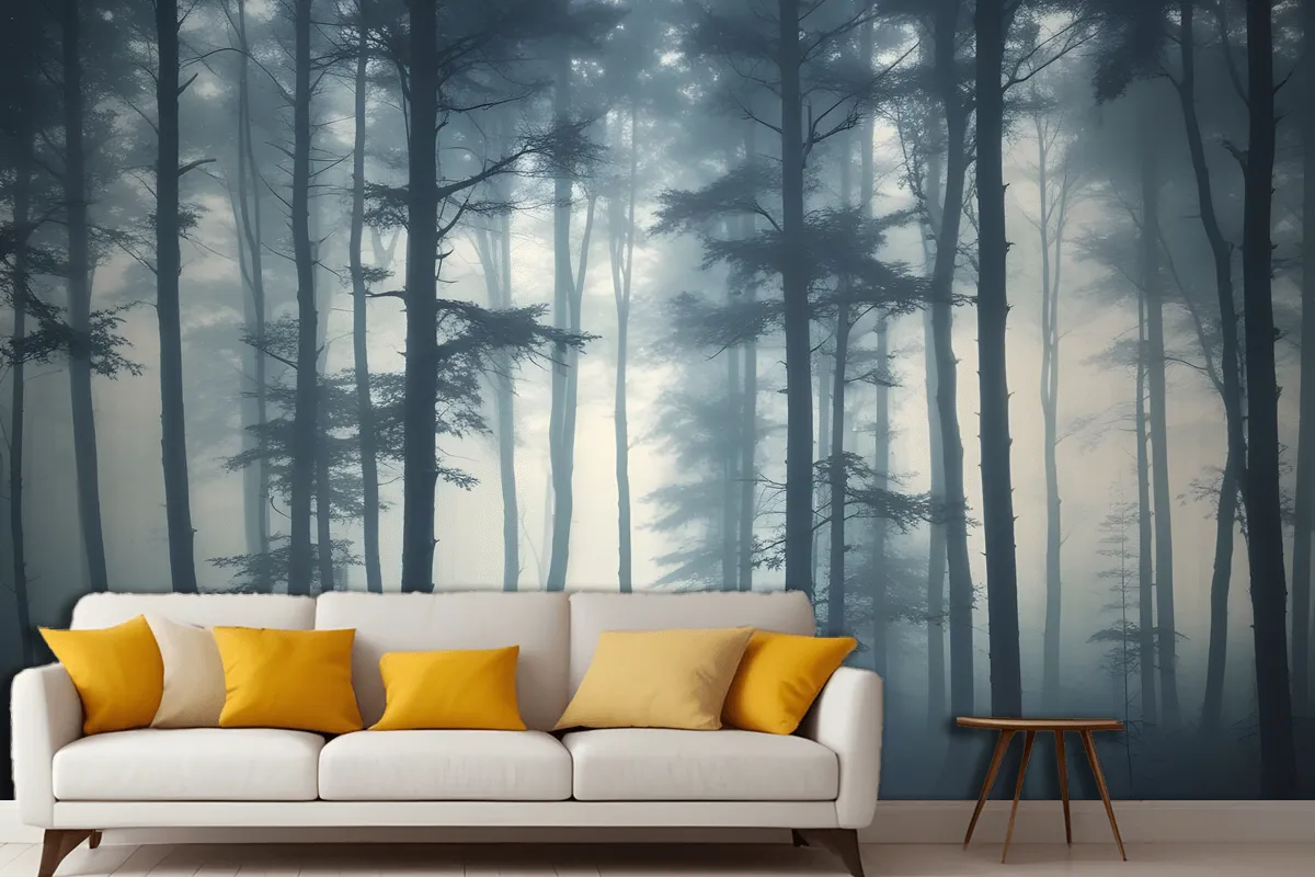 Dense Misty Forest With Tall Slender Trees And A Foggy Atmosphere Wallpaper Mural