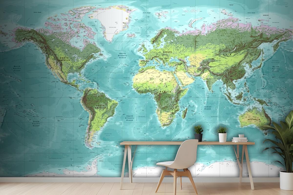 Detailed Physical World Map Miller Projection Wallpaper Mural