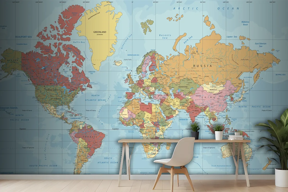 Detailed Political World Map In Mercator Projection Wallpaper Mural