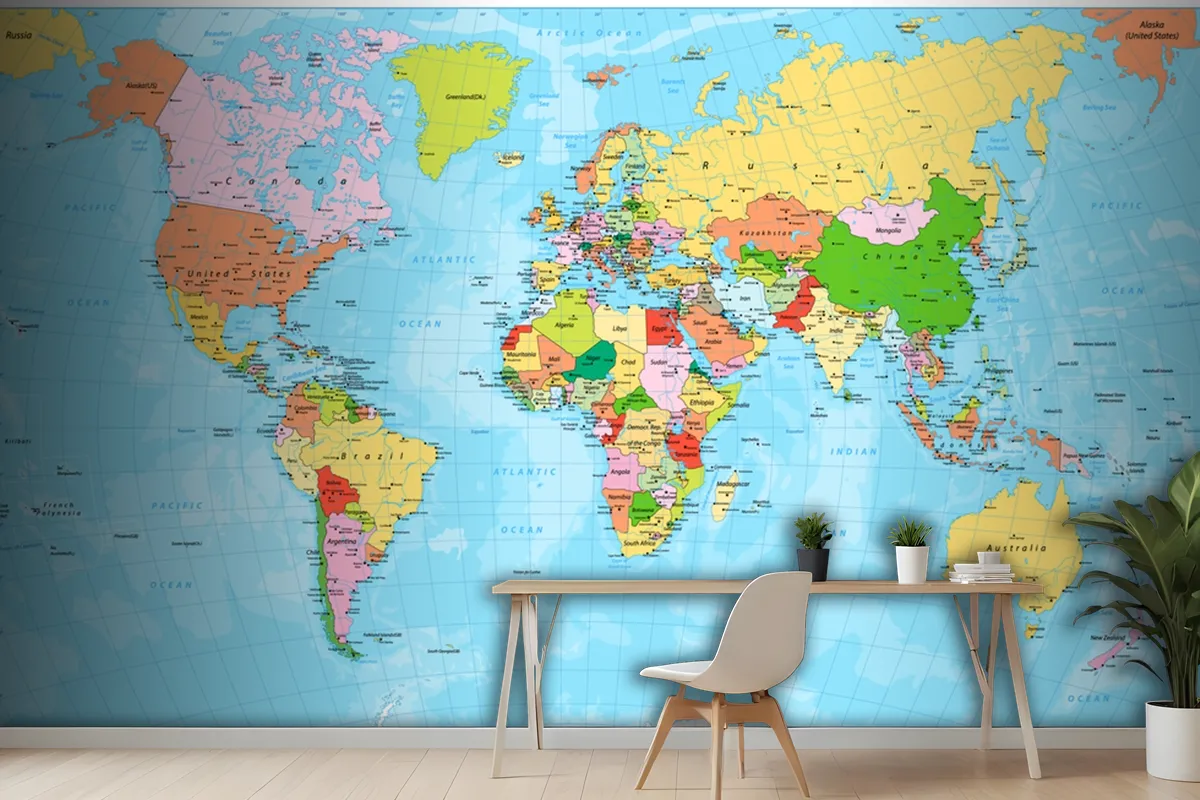 Detailed Political World Map With Capitals Wallpaper Mural