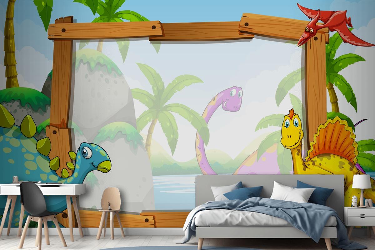 Dinosaurs By The Wooden Frame Wallpaper Mural