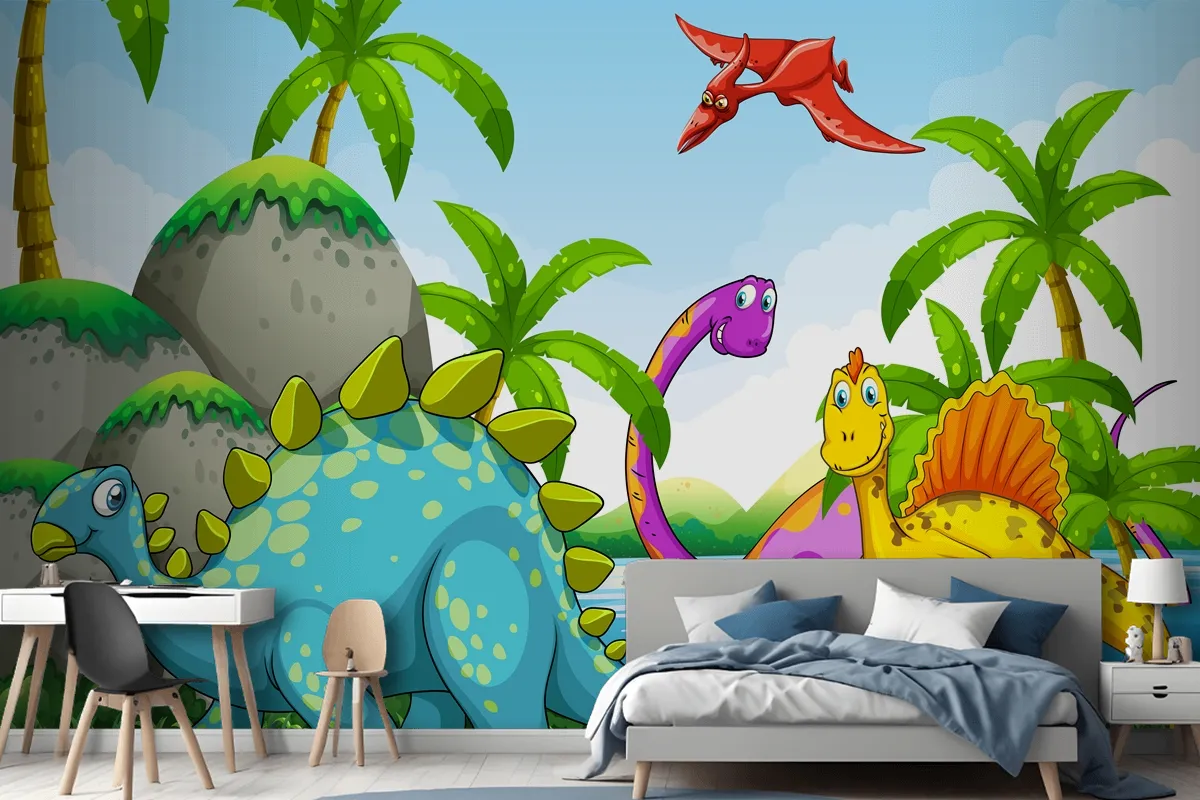 Dinosaurs Living In The Jungle Wallpaper Mural