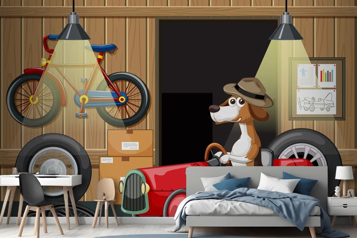 Dog Driving Car In Garage Wallpaper Mural