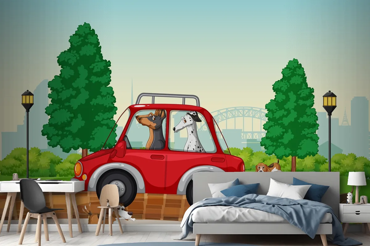 Dogs Driving And Running In The Park Wallpaper Mural