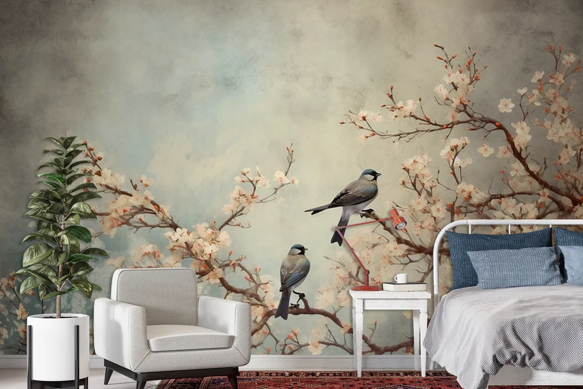 Flowers Branches Birds Golden Brushstrokes Wallpaper Mural