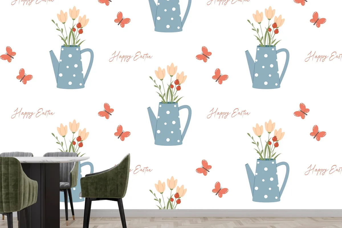 Easter Seamless Pattern Watering Can Butterfly And Lettering Wallpaper Mural