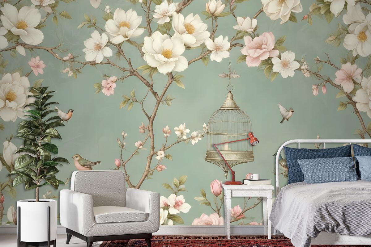 English Country Style With Branches And Flowers And Birds Wallpaper Mural