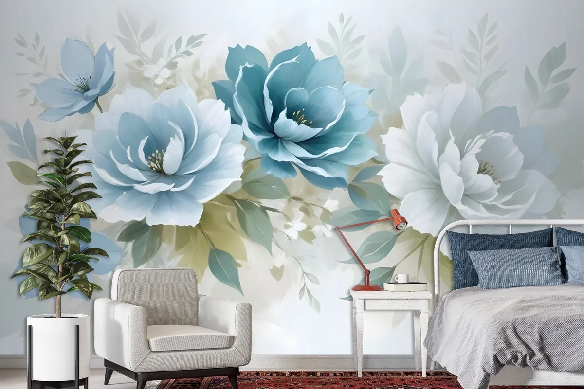 European Style 3D Look Blue Green Floral Wallpaper Mural