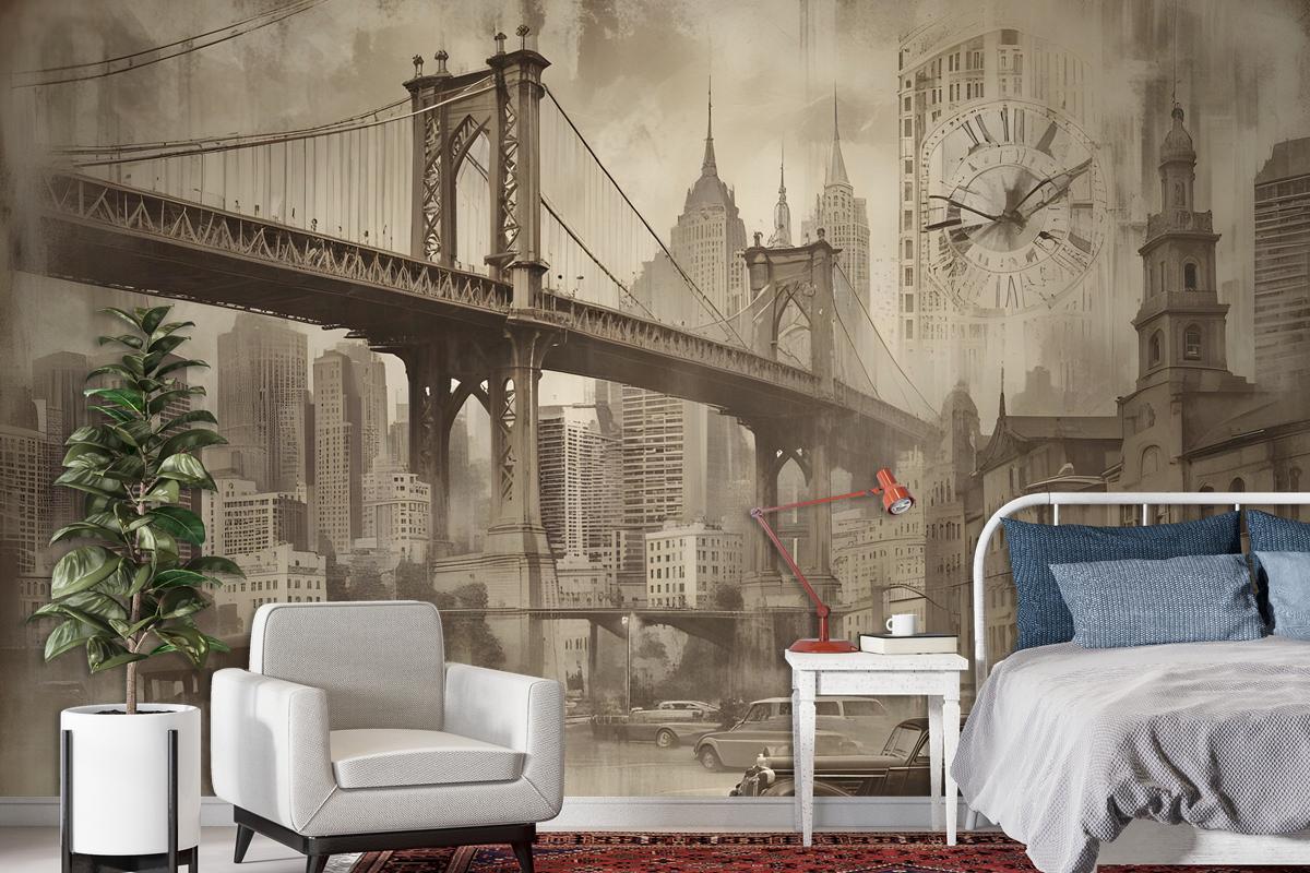 European Vintage City With Brooklyn Bridge Wallpaper Mural