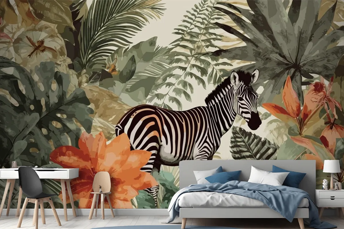 Exotic Zebra Tales Artistic Vintage Jungle Collage Pattern Seamless Wallpaper Mural