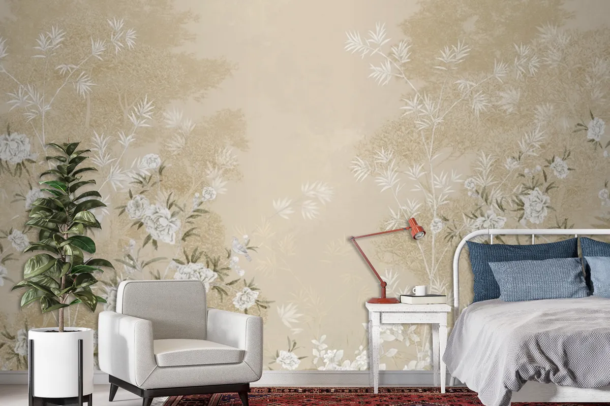 Chinoiserie With Cherry Blossom Flowers And Bird Wallpaper Mural