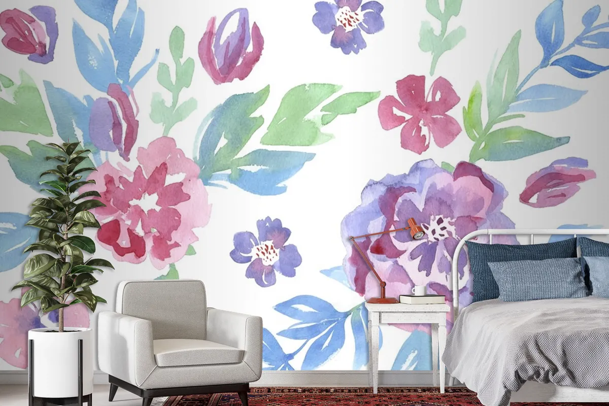 Fashionable Pattern In Watercolor Flowers Wallpaper Mural