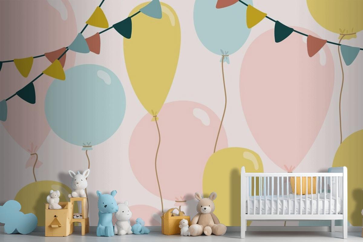 Festive Background With Blue Pink And Yellow Balloons Wallpaper Mural