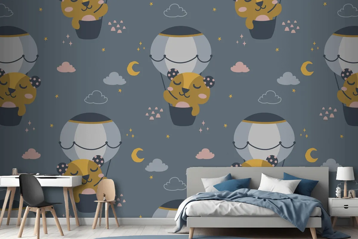 Fliying Cute Bear Scandinavian Pattern Wallpaper Mural