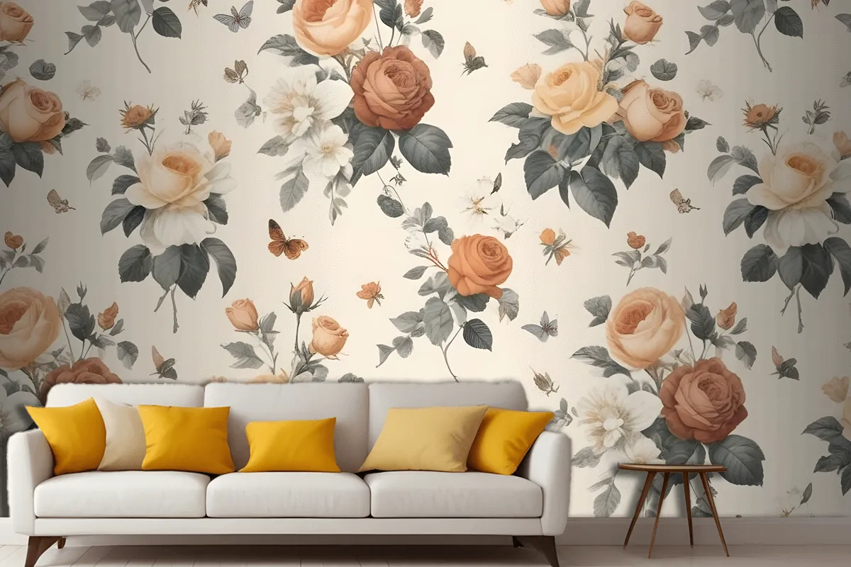Floral Pattern With Various Types Of Roses Wallpaper Mural