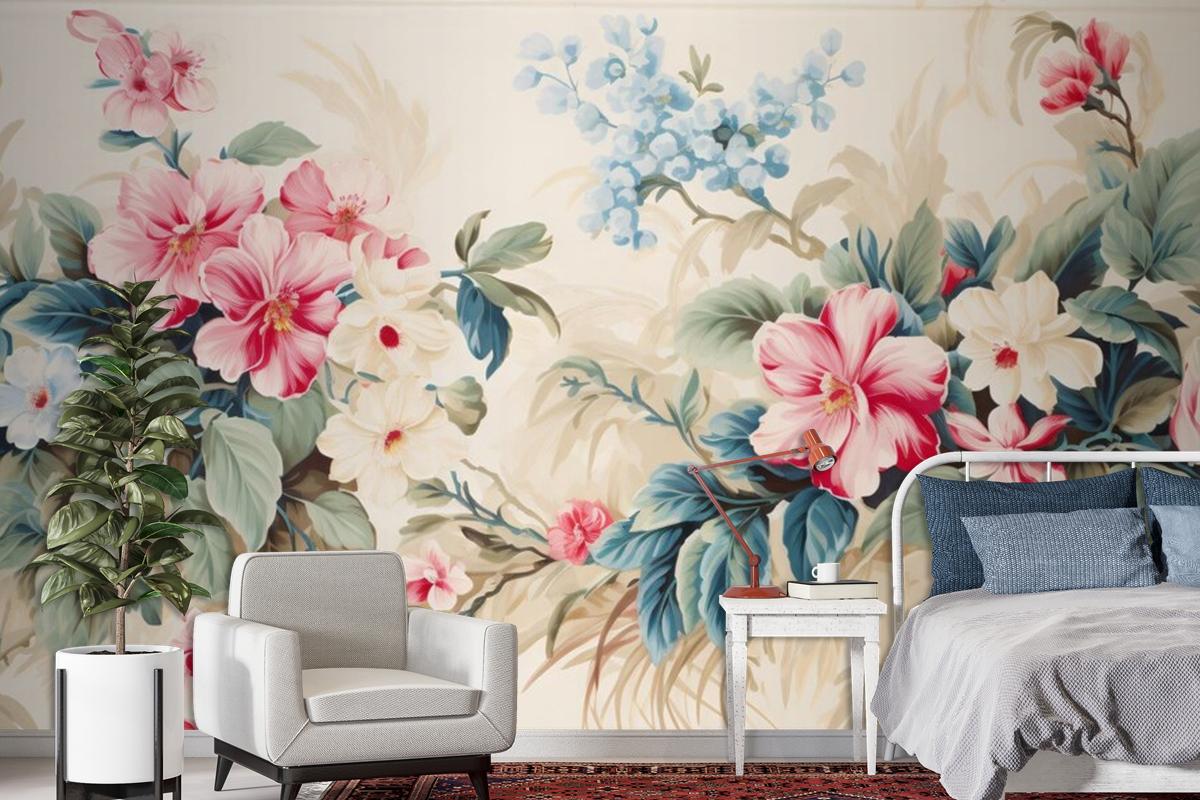 A Floral With Tropical Flowers And Leaves Wallpaper Mural