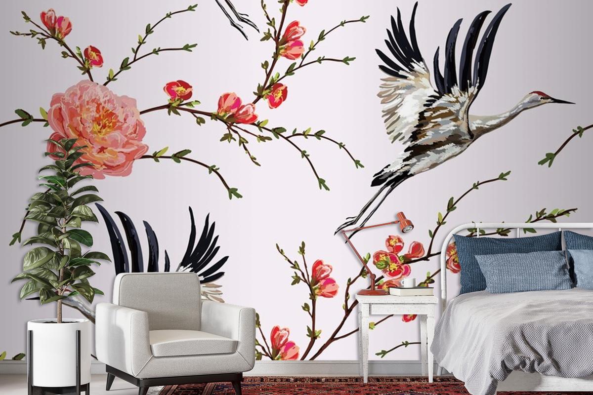 Flowers And Plants Flowers And Birds Seamless Print Pattern Wallpaper Mural