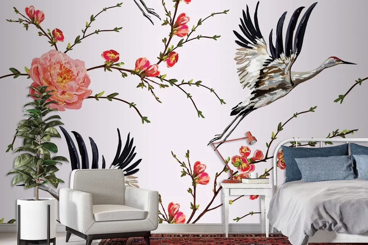 Flowers And Plants Flowers And Birds Seamless Print Pattern Wallpaper Mural