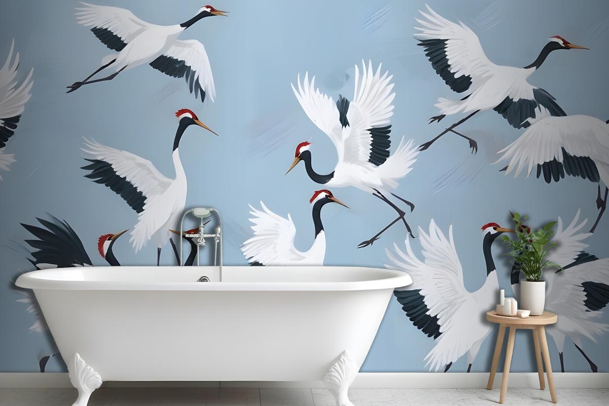 Flying Japanese Cranes Blue Painted Wallpaper Mural