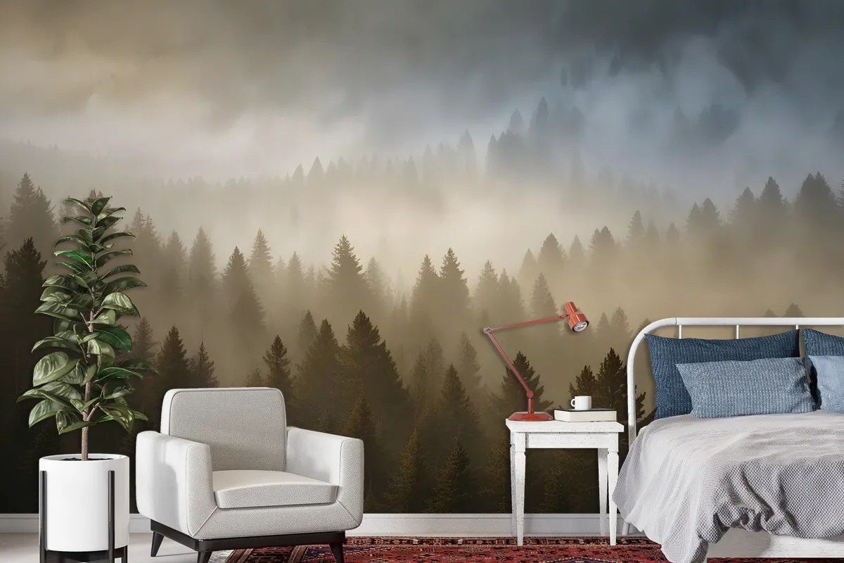 Foggy Pine Forest Landscape Wallpaper Mural