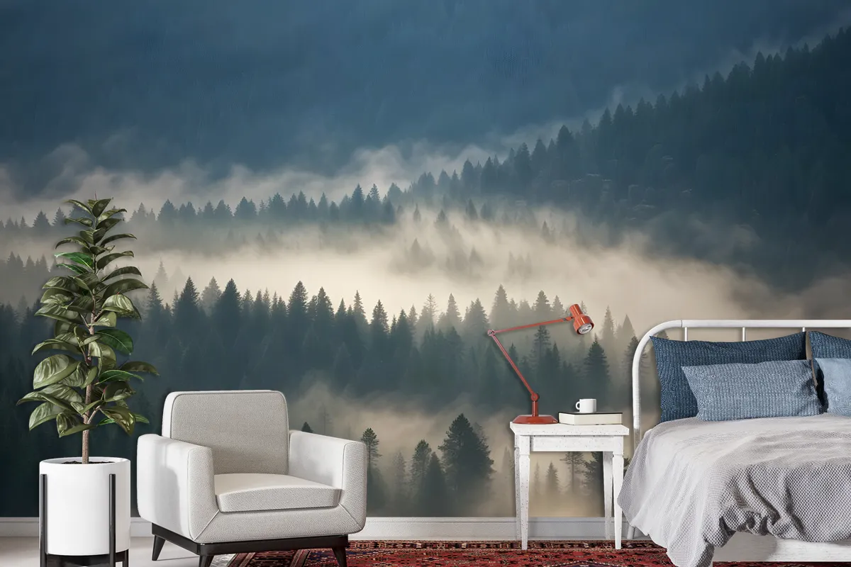 Foggy Pine Woods Landscape Wallpaper Mural