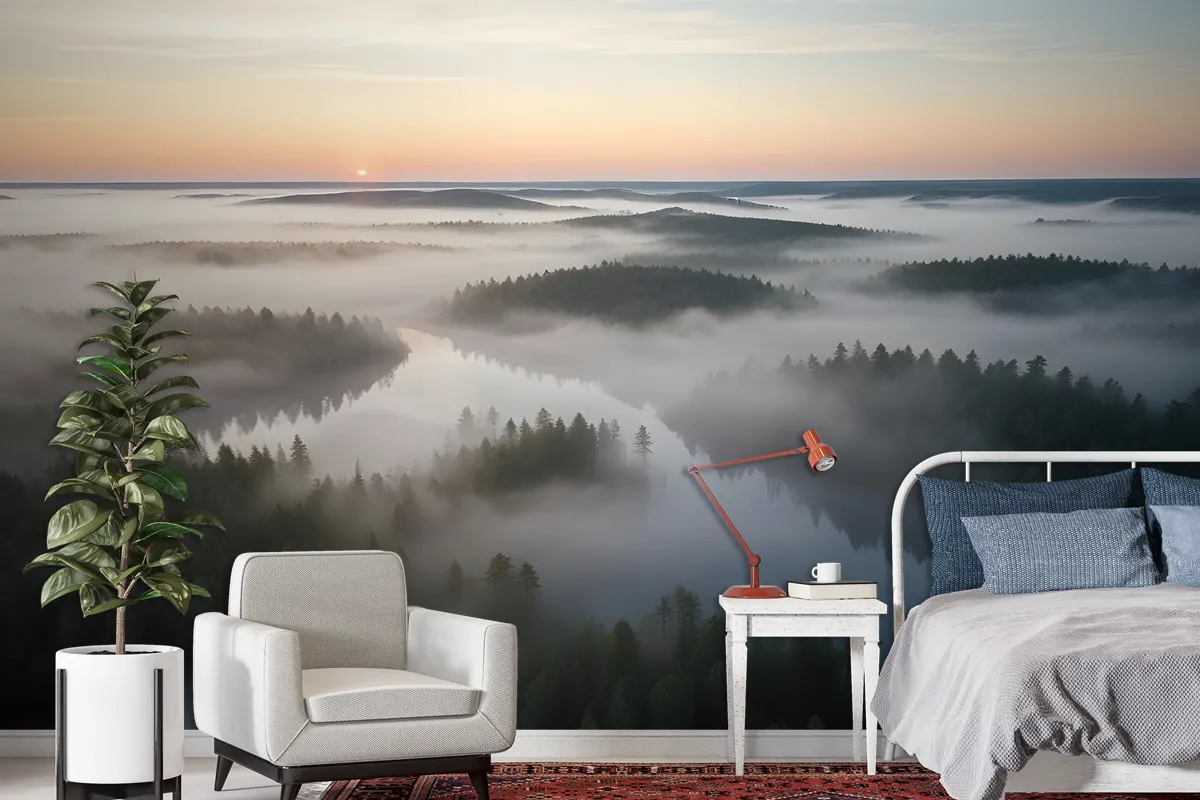 Foggy Rive Forest Landscape Wallpaper Mural