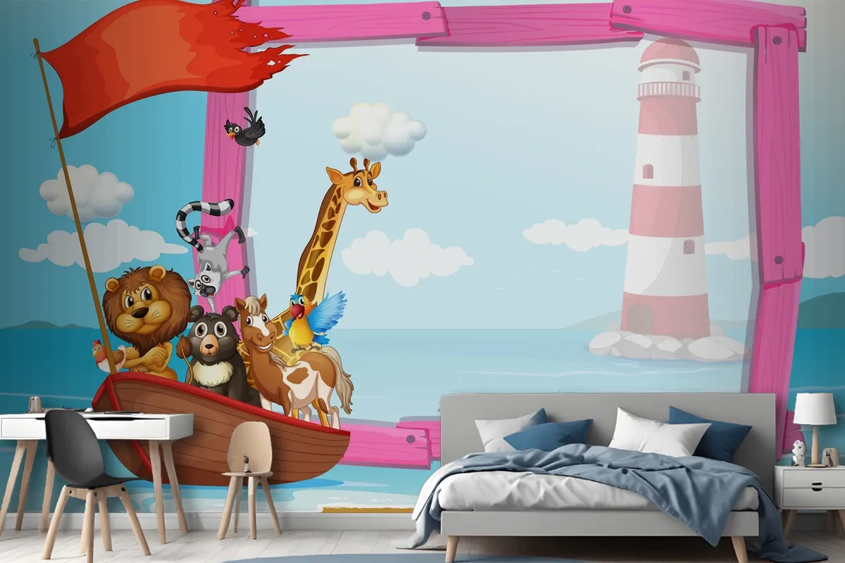 Frame With Wild Animals In The Boat Wallpaper Mural