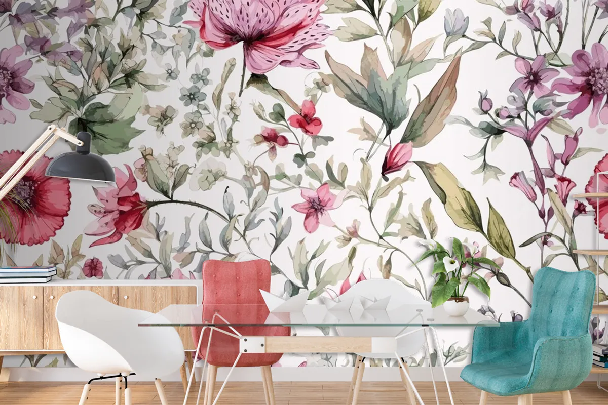 Colourful Floral Background With Leaves Wallpaper Mural