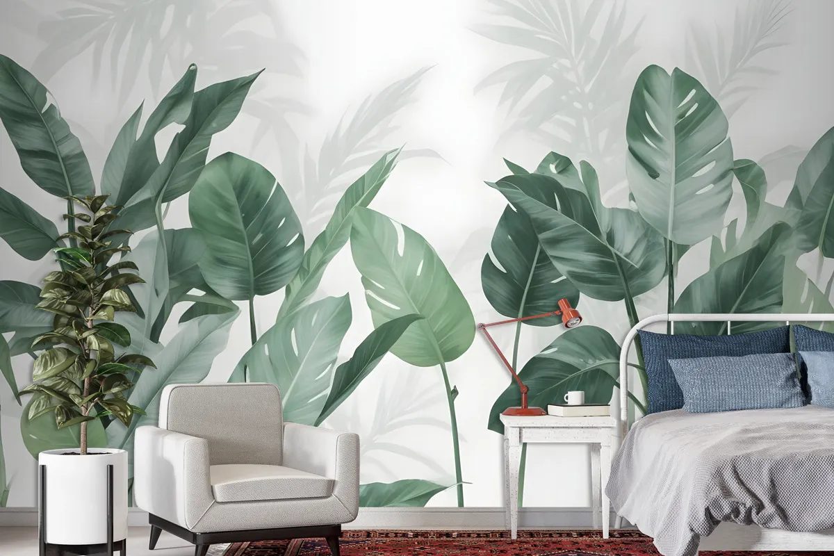 Fresh Green Tropical Leaf Wallpaper Mural