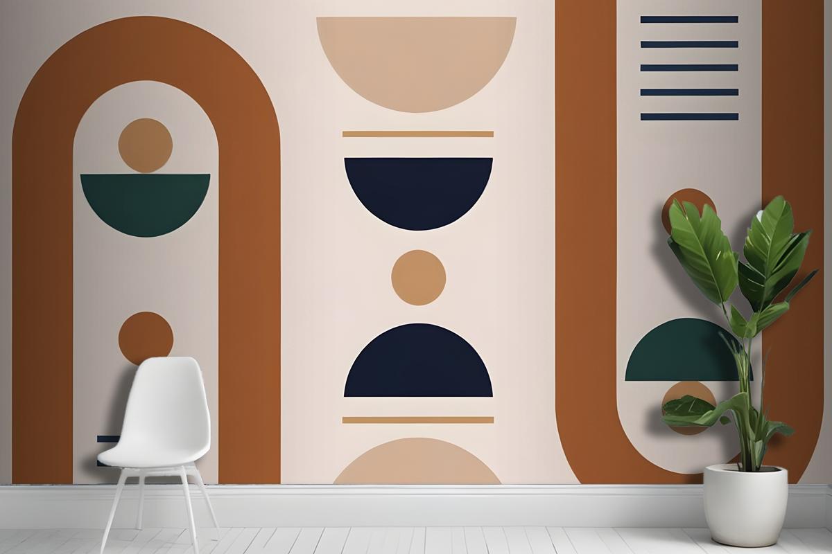 Geometric Shapes And Forms In Earthy Tones Of Brown Beige Navy And Green Wallpaper Mural