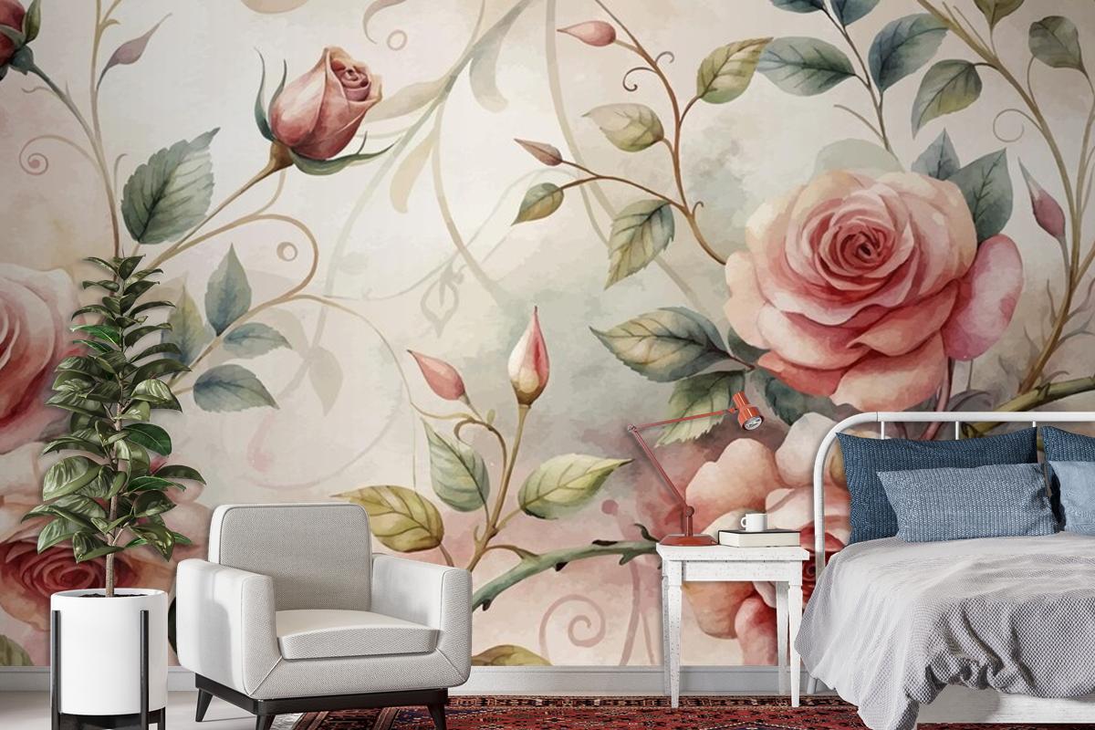 Graceful Rose Tree Pattern Watercolor Background Wallpaper Mural