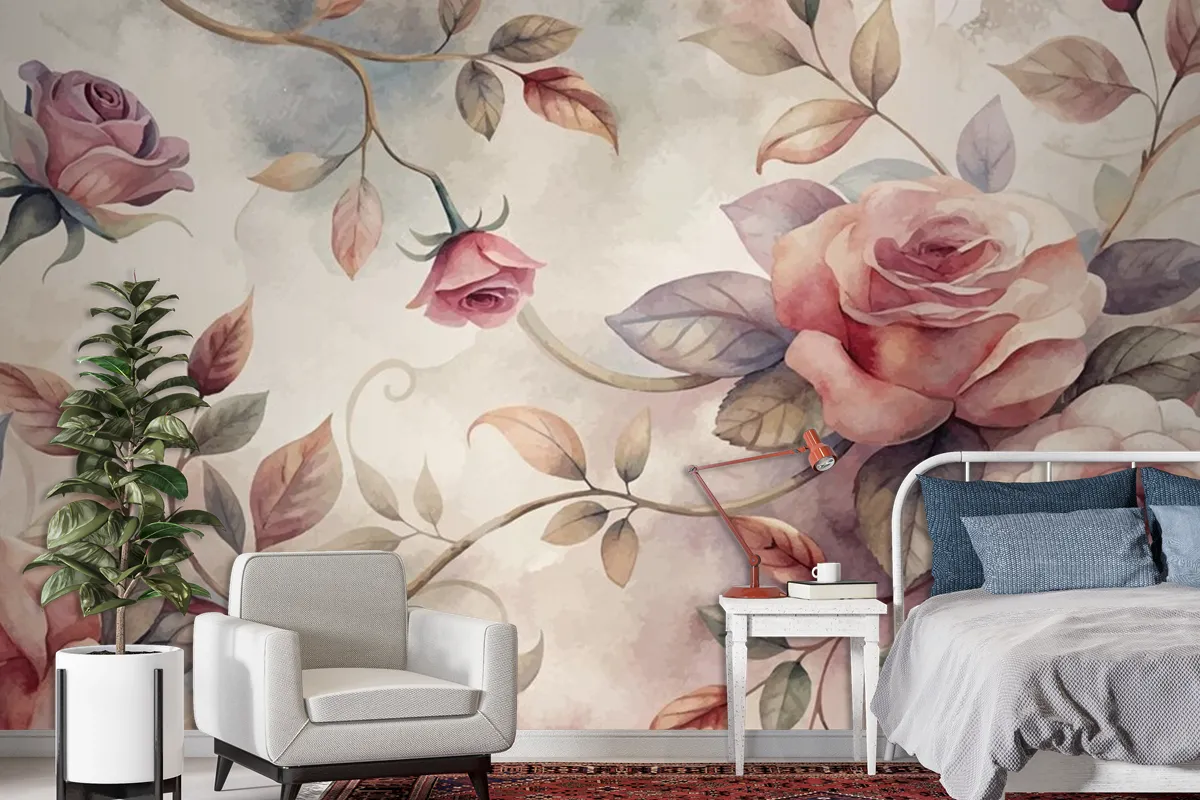 Graceful Rose Tree Pattern Watercolor Background Wallpaper Mural