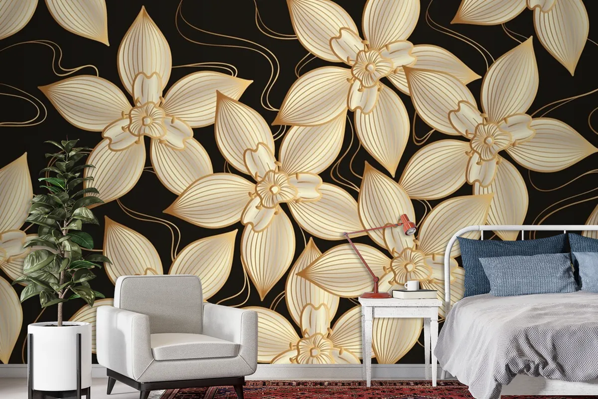 Gradient Golden Linear Background With Elegant Flowers Wallpaper Mural