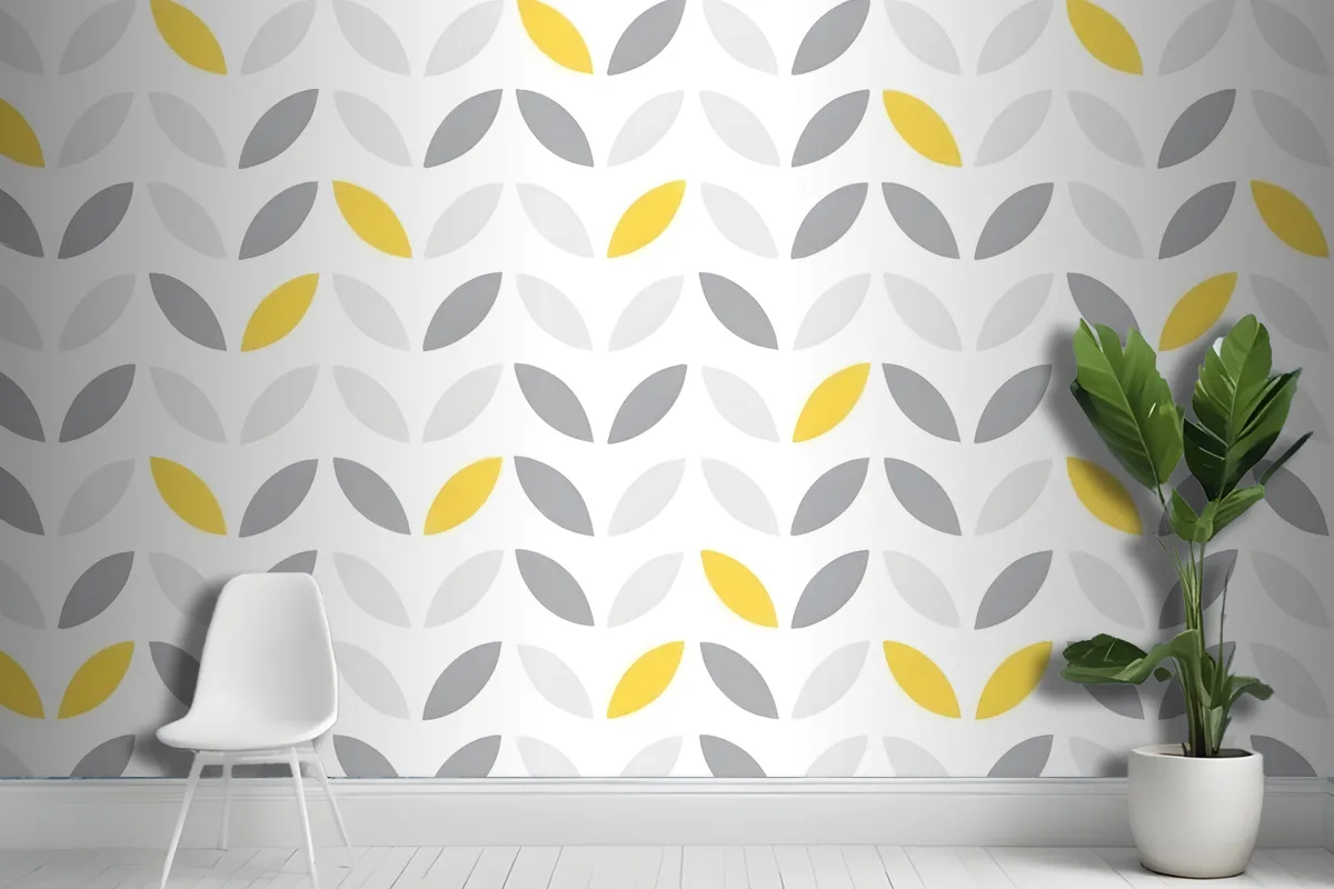 Gray And Yellow Leaf Shapes Arranged In A Repeating Geometric Design Wallpaper Mural