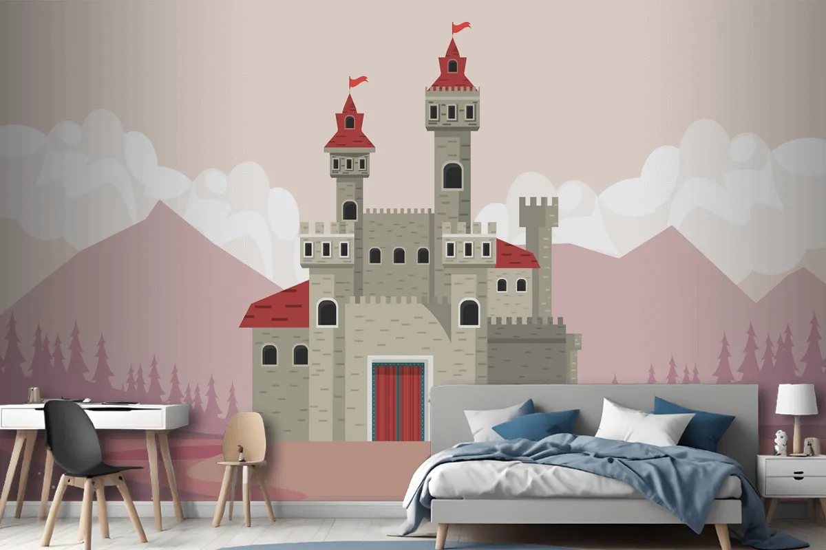 Gray Castle In Pink Landscape Scene Wallpaper Mural