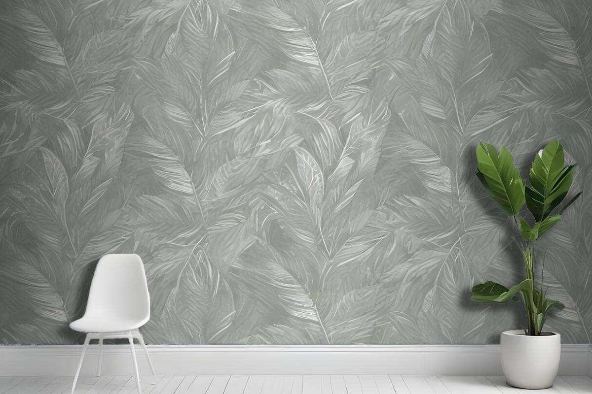 Green And White Abstract Pattern With Overlapping Leaf Or Featherlike Shapes Wallpaper Mural