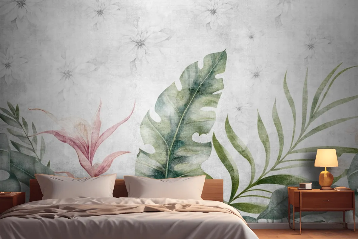 Green Branches Tree Leaves On Drawing Gray Wallpaper Mural