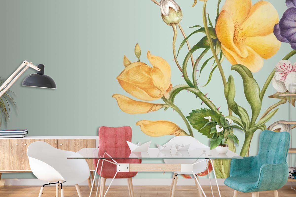 Green Floral Background In Pastel Paper Texture Style Wallpaper Mural