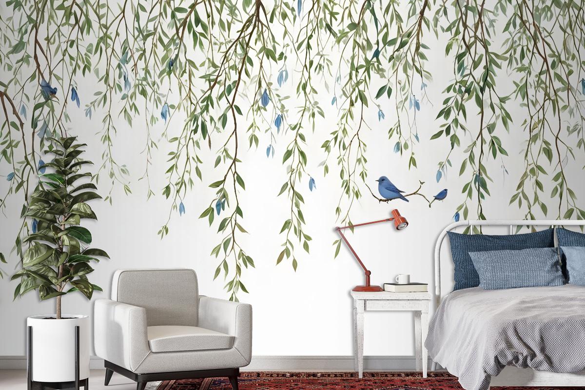 Green Hanging Leaves With Colorful Birds Wallpaper Mural