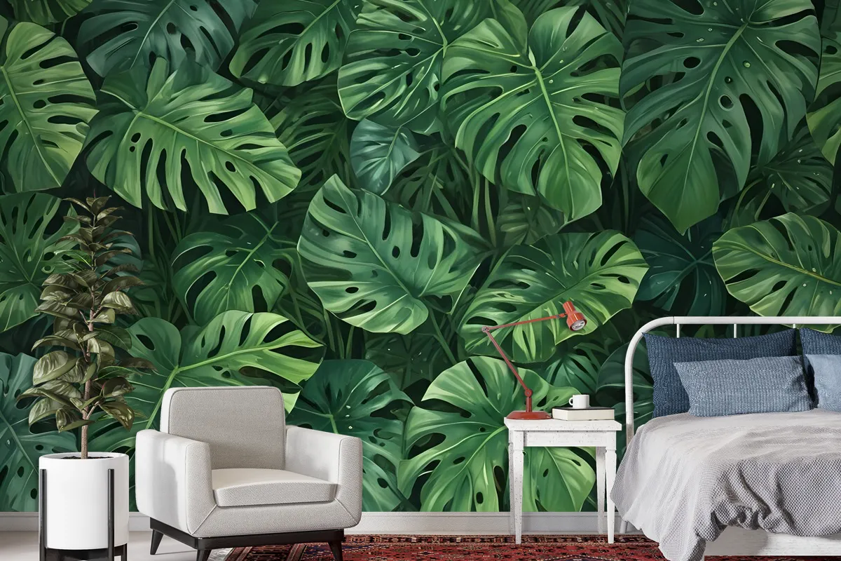 Green Tropical Leaves Wallpaper Mural