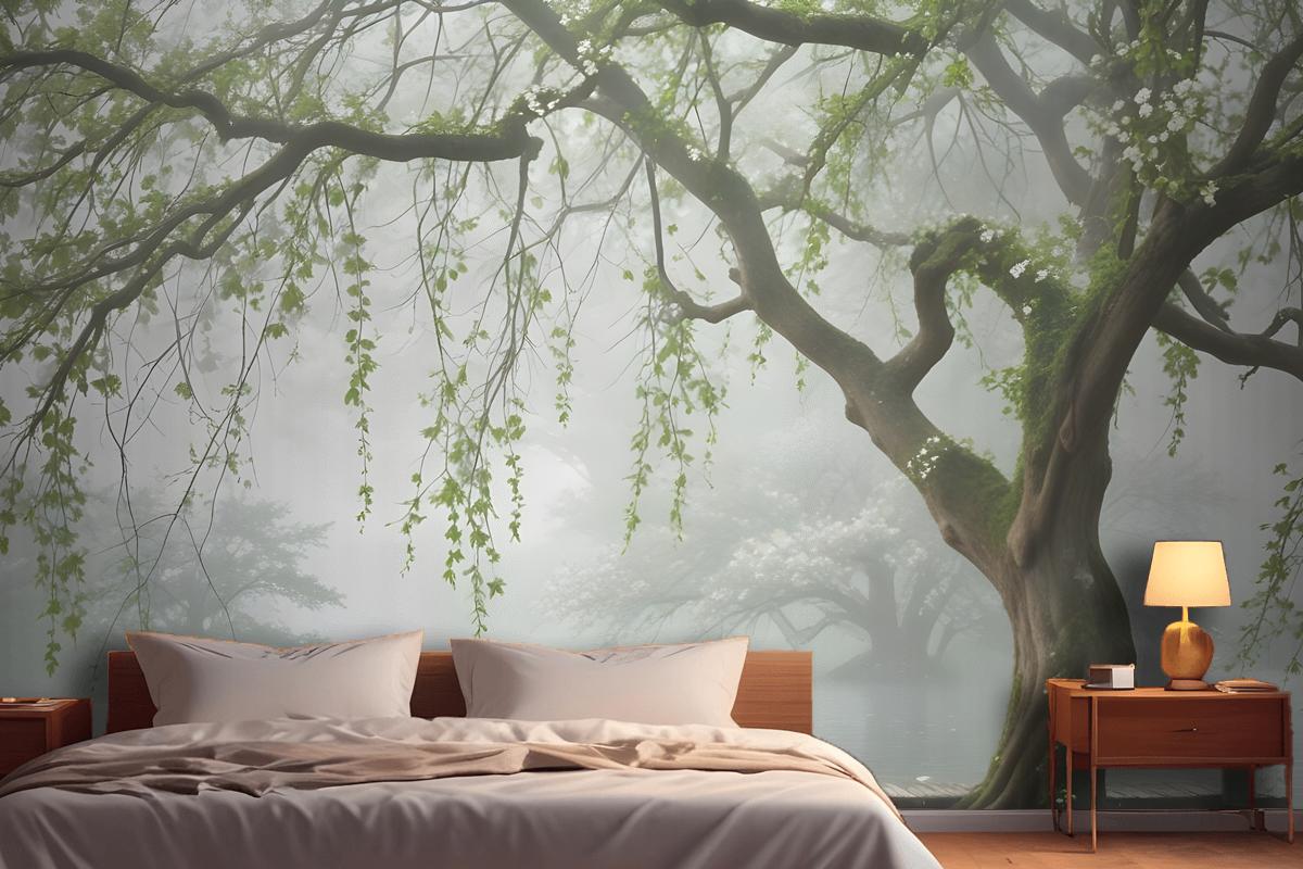 Green White Leaves And Flowers Tree Branches Wallpaper Mural