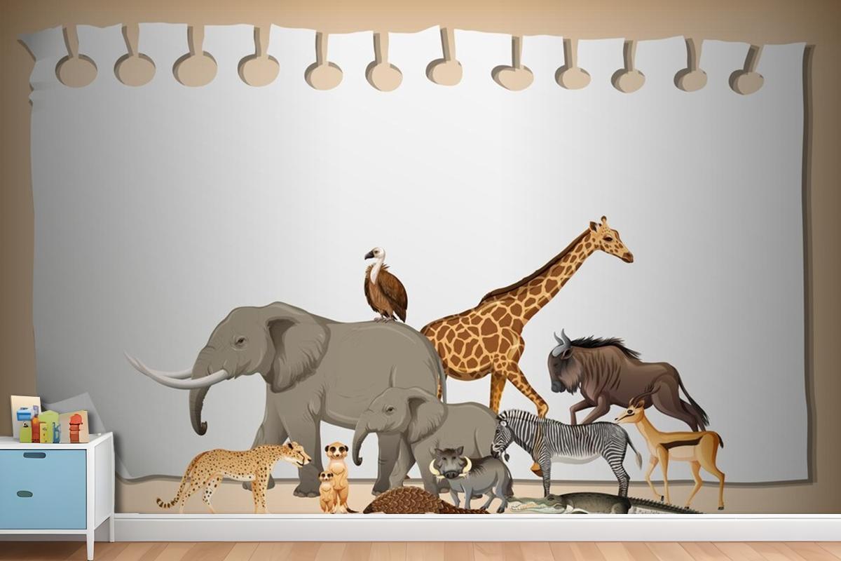 Group Of Wild African Animal On Paper Wallpaper Mural