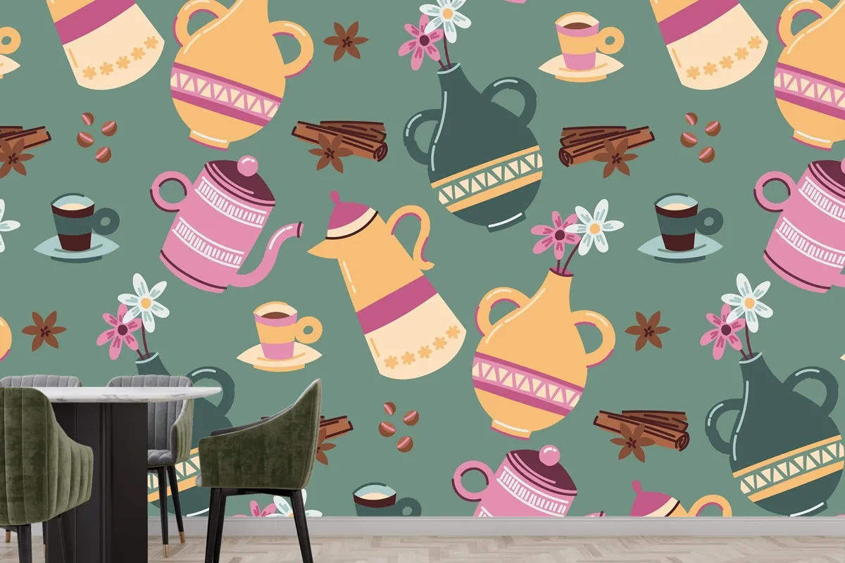 Hand Drawn Colorful Coffee Pattern Wallpaper Mural