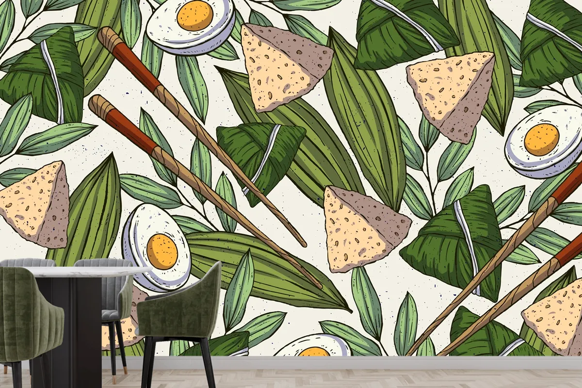 Hand Drawn Dragon Boats Zongzi Wallpaper Mural