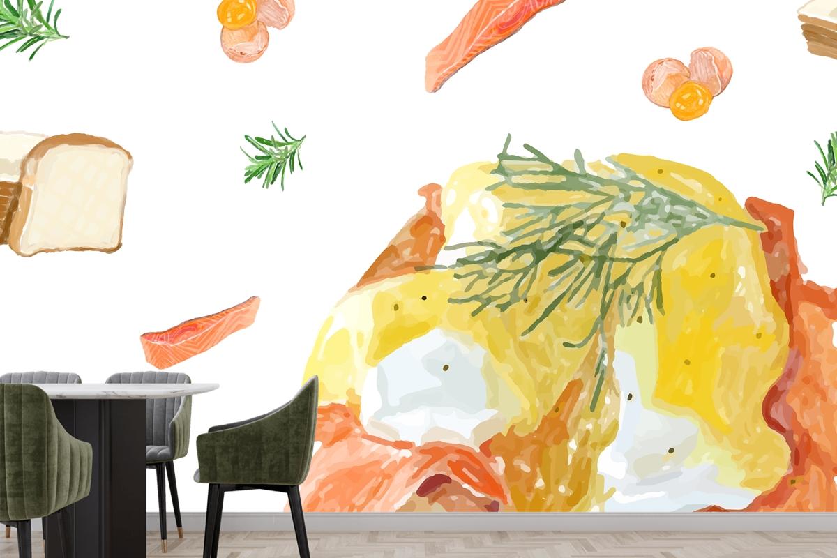 Hand Drawn Egg Benedic Watercolor Style Wallpaper Mural