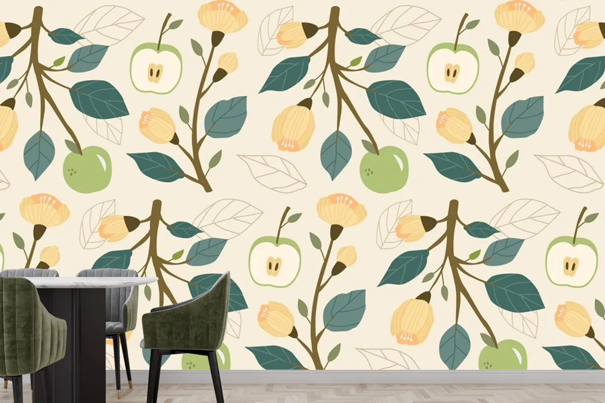 Hand Drawn Flat Fruit And Floral Pattern Kitchen Wallpaper Mural