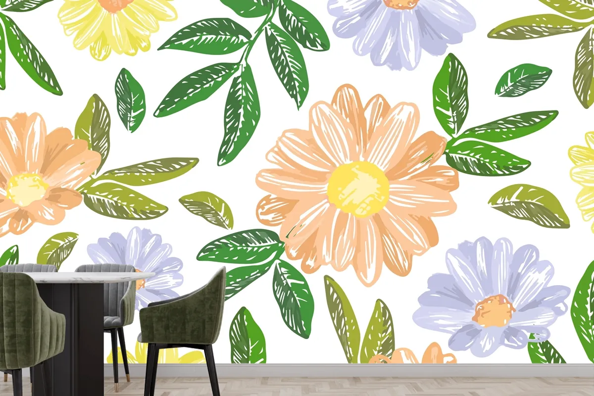 Hand Drawn Floral Embroidery Wallpaper Mural